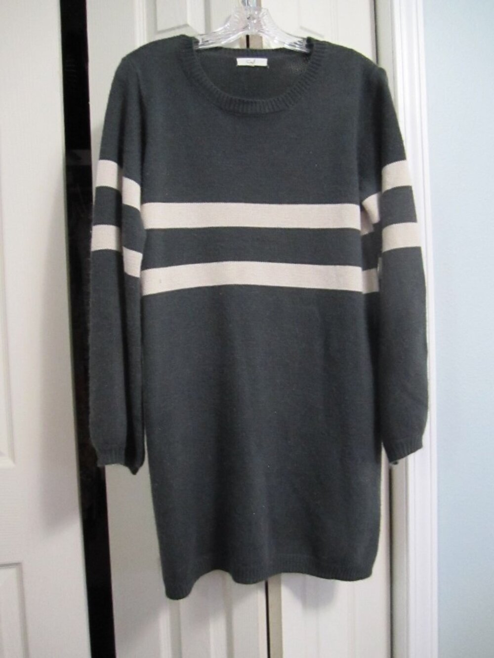 Crewneck Sweater Dress with Cream Stripes - Charcoal